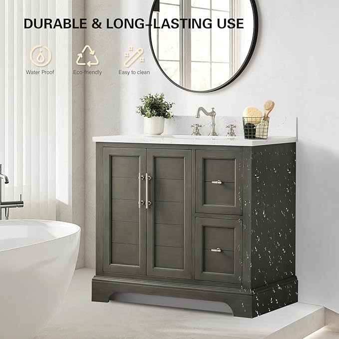 HOMEBEYOND 36 Inch Bathroom Vanity with Single Sink & Ceramic Top, Vanity Cabinet with Center Countertop Basin, Soft-Closing Doors, Backsplash,Sliver Grey