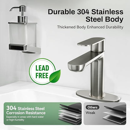 Brushed Nickel Bathroom Faucet 1 or 3 Hole with Deck Plate, Leak-Free Ceramic Cartridge, Spot-Free Finish, Water-Saving Aerator, Easy Install, Modern Sink Faucet for Vanity, Restroom, Bathroom&Vessel