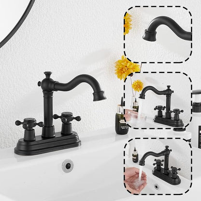 Bathroom Faucet Matte Black GGStudy 2 Handles 4 Inches Centerset Bathroom Vanity with Drain Assembly and Supply Hose Lavatory Faucet Mixer Double Handle Tap