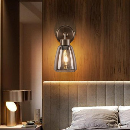Smoked Gray Glass Wall Light Dia 6" Wall Lamp with Glass Shade Vintage Vanity Lighting Fixture with Metal Base Flush Mount Wall Sconce 1-Light for Bathroom, Bedroom, Bedside, Entryway