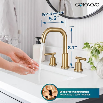 gotonovo 8 Inch Widespread Bathroom Sink Faucet 3 Hole 2 Handles Lavatory Basin with Pop Up Drain with Hot and Cold Mixer Valves Vintage Brushed Gold