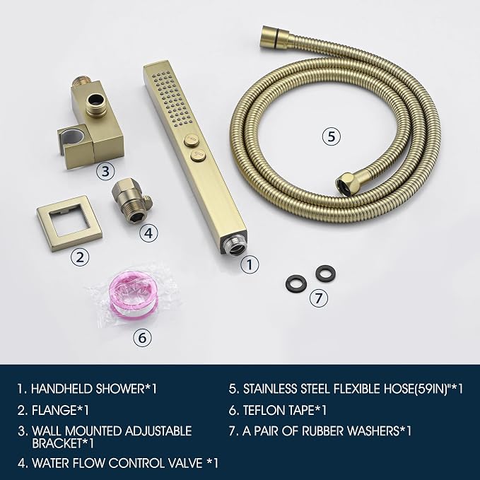 All-Metal High Pressure Square Handheld Shower Head with Jet Spray and Rainfall Modes, Volume Control Regulator, ON/OFF Switch, Hose and Wall Mounted Adjustable Bracket (Brushed Gold)