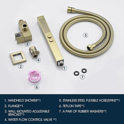 All-Metal High Pressure Square Handheld Shower Head with Jet Spray and Rainfall Modes, Volume Control Regulator, ON/OFF Switch, Hose and Wall Mounted Adjustable Bracket (Brushed Gold)