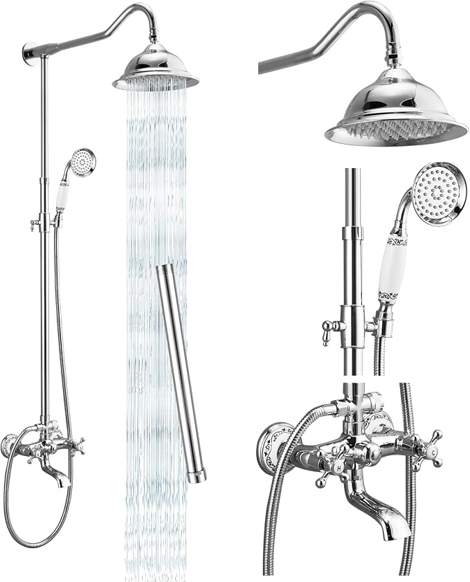 gotonovo Vintage Exposed Shower Faucet Set with Tub Spout,Polish Chrome | Bathtub 8” Shower Head with Handheld System Fixtures Combo Kit,360°Rotation,Fast Filler,Extra Extension Tube,for 5-6.7" Hole