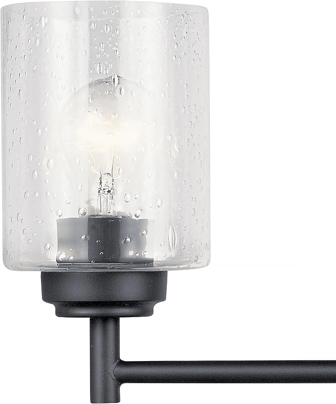 Kichler Winslow 4-Light Farmhouse Vanity Light, Black | Clear seeded glass vanity light with industrial styling (30" x 9.25" x 6.5"), 45887BK