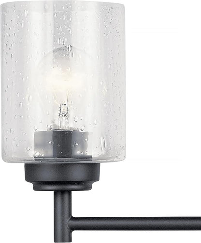 Kichler Winslow 4-Light Farmhouse Vanity Light, Black | Clear seeded glass vanity light with industrial styling (30" x 9.25" x 6.5"), 45887BK