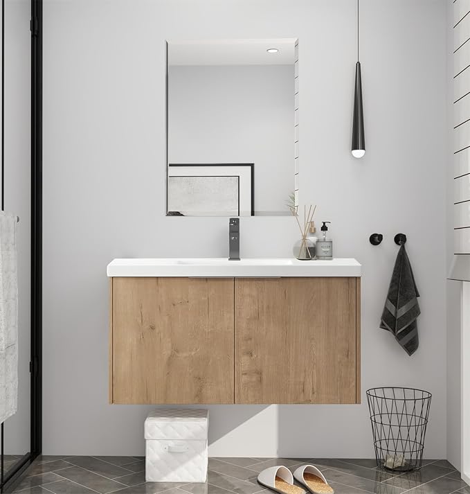 Wall Mount 36 Inch Bathroom Vanity W/Sink Combo for Small Space, Modern Design Vanity Cabinet Gel Basin Countertop, Float Mounting Design Cabinet Set with Double Doors (Oak, 35.4''x18.1''x19.3'')