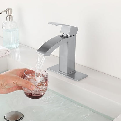 Brushed Nickel Bathroom Faucet Single Handle, Waterfall Faucet for Bathroom Sink Single Hole with cUPC Supply Hose and Pop Up Drain