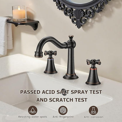 Hurran 8 Inch Widespread Bathroom Sink Faucet ORB, 3 Hole 2 Cross Handles Classic Vintage Antique Faucet with Metal Pop Up Drain and Supply Hoses for Vanity, RV, Farmhouse
