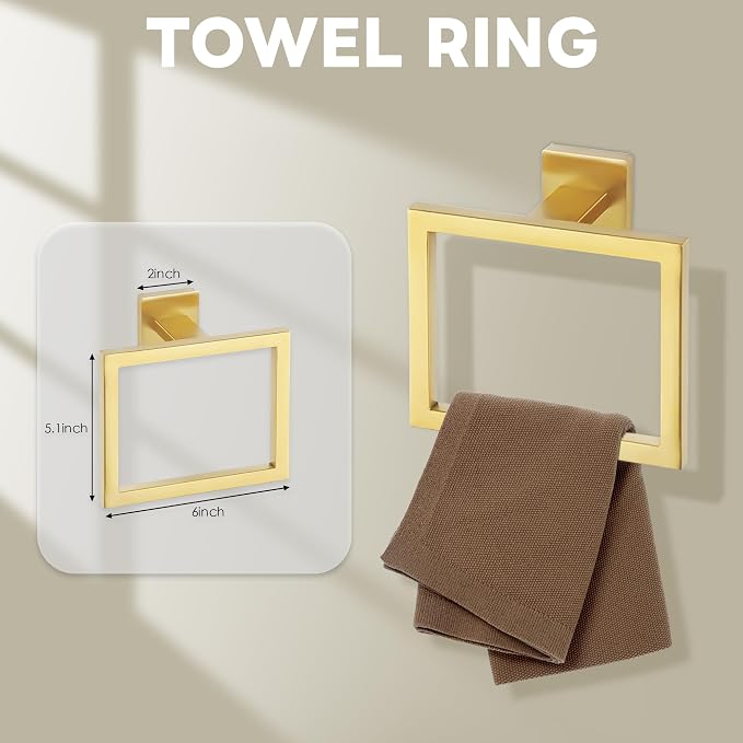 5-Piece Brushed Gold Bathroom Hardware Set - Hand Towel Bar, Toilet Paper Holder, Towel Ring & Rack