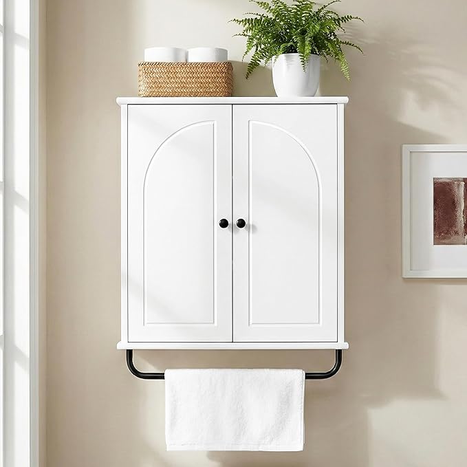 Bathroom Storage Cabinet with Adjustable Wood Shelves, Unique Arched Groove Design On The Door, Wall Mounted with Towels Bar, Over The Toilet Storage Cabinet with DTC Silent Buffering Hinge