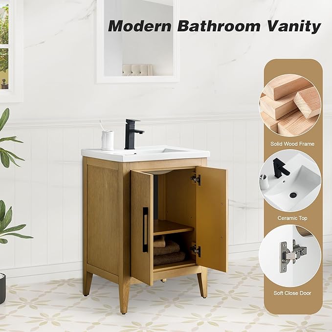 HomeBeyond 24 Inch Bathroom Vanity with Sink & Ceramic Top, Single Vanity Cabinet with Basin, Soft-Closing Doors & Matte Black Hardware, Natural Oak