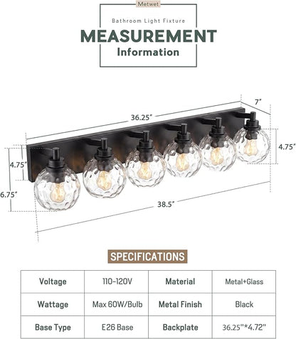 6-Light Black Bathroom Vanity Light, Hammered Glass Globe Shade | 38 Inch matte black modern bathroom light fixture over mirror, UL listed, E26 bulbs, hardwired, upward only, VL200-MB-CL-6