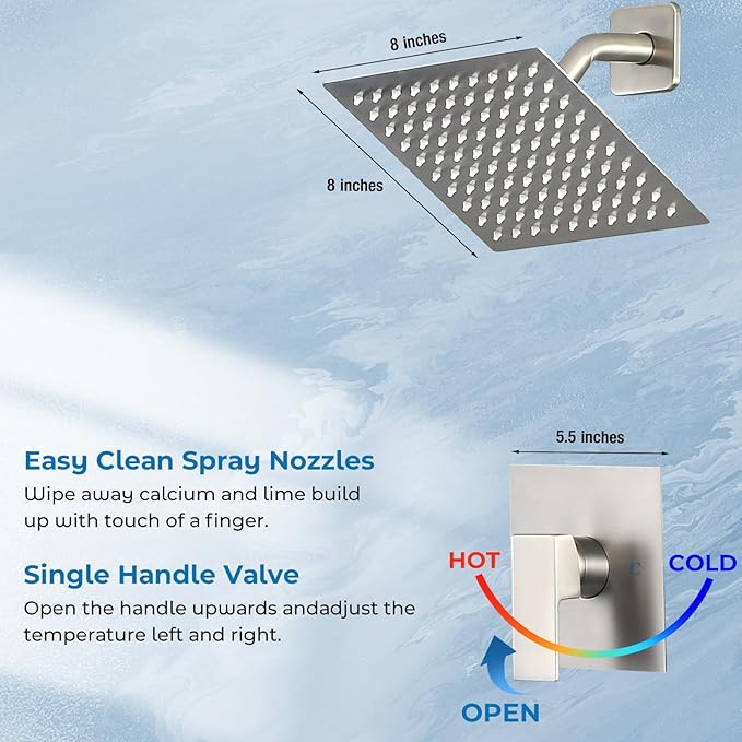 Shower Faucet Set with Tub Spout, 8 Inch Square Wall Mounted Rainfall Shower Head with Rough-in Valve Body, Bathroom Shower Trim Kit Single Function RV Shower System(Brush Nickel)