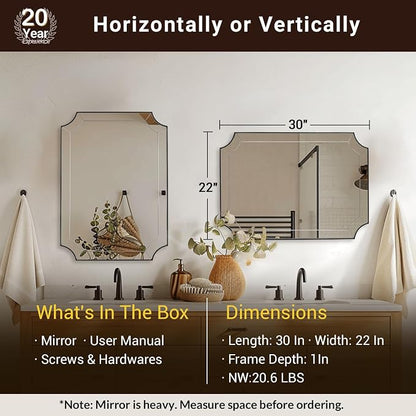 Black Scalloped Mirror, 22x30 Inch Mirror with Notched Corner | 1" Rustproof Stainless Steel Metal Frame, Minuette Glass Design, Shatterproof HD Glass, Ideal for Limited Space