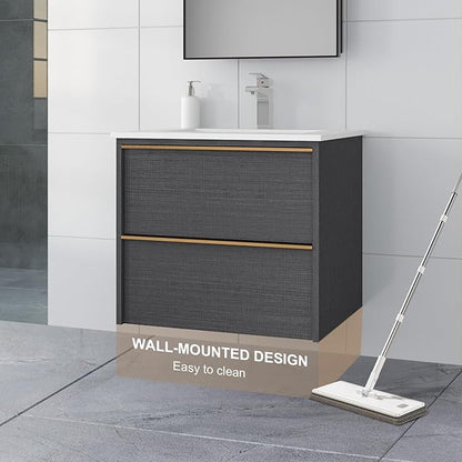 24 Inch Bathroom Vanity with Sink, Floating Vanity Bathroom, Modern Wall Mount Bathroom Cabinet, Double Drawers, Gold Handle, Suitable for All Kinds of bathrooms (with Sink, 24")