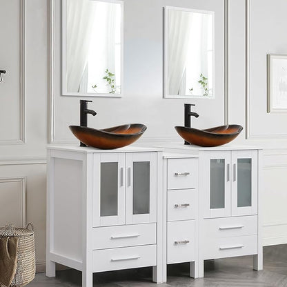 UEV 60" Double Sink Bathroom Vanity,White Bathroom Vanity with Double Side Vanity Cabinets & Removable 3 Drawer Storage Cabinet with Vessel Sink,Mirror Not Included(029BR)