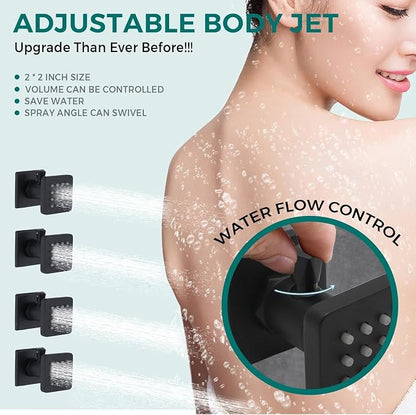 Luxury Thermostatic Digital Dual Heads Shower System Matte Black Full Bdoy Spray Shower Faucet Set with 20x14in LED Rainfall Showerhead and 6in Wall Shower, 4 Body Jets with Shut-off, Brass Handheld