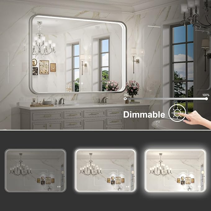 40x30 Inch LED Mirror for Bathroom,Brushed Silver Metal Frame | ETL Listed Anti-Fog,Dimmable,Horizontal & Vertical,Wall Mounted,Memory Function,Ideal for Bathroom,Vanity