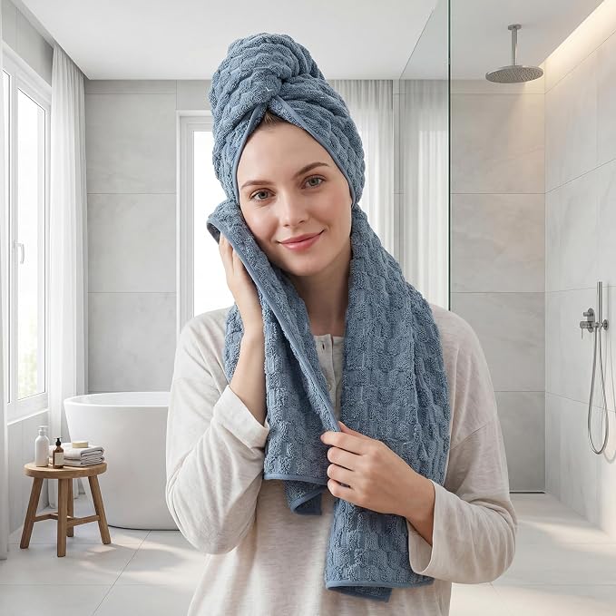 REDKISS 4 Pack Blue Microfiber Bath Towels - Large Shower Towels Set for Bathroom, Super Absorbent Towel Set of 4 Lagre, Quick Dry Bathroom Towel for Spa, Gym,Travel, Lint Free, Ultra Soft