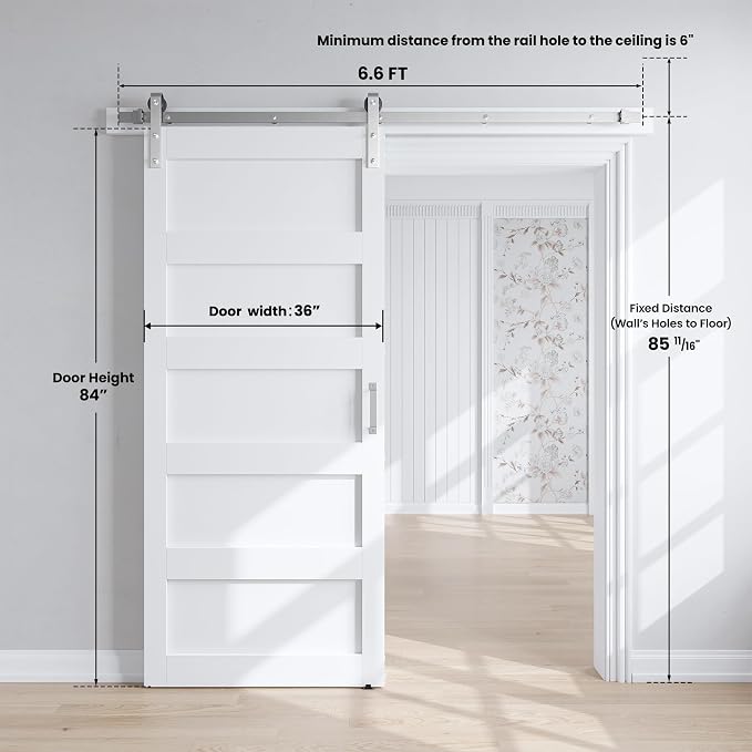 SMARTSTANDARD 36x84 inch White Barn Door with 6.6FT Silver Hardware Track | Solid MDF Slab, Waterproof PVC Surface, 5-Panel, Suitable for Openings up to 34in x 82in