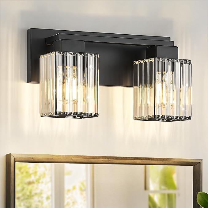 Matte Black Bathroom Light Fixtures, 2-Light Square Crystal Vanity Light | Wall Sconces with Square Crystal Shades, E26 Socket, Modern Vanity Lights for Bathroom (Bulbs Not Included)
