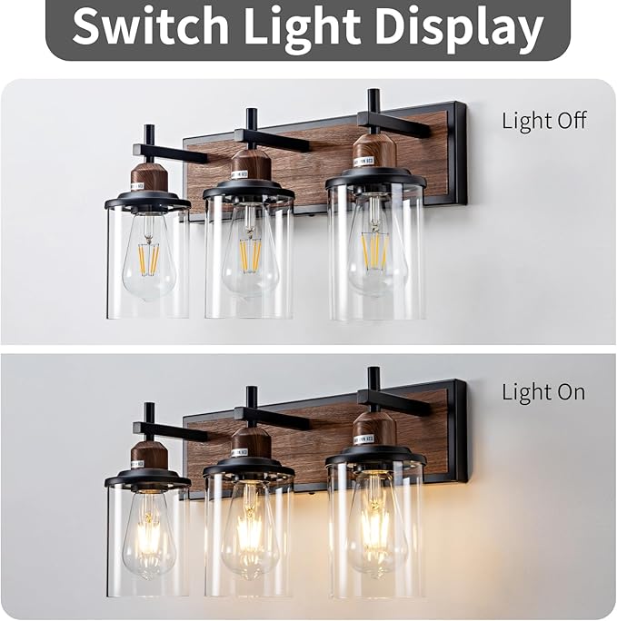 3-Light Farmhouse Bathroom Light Fixtures Vintage Vanity Lights Over Mirror Black and Wood Painted Metal Vanity Light with Glass Shades E26 Socket
