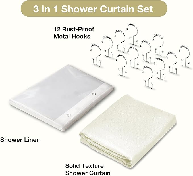 3 in 1 Shower Curtain Set, Cream Shower Curtain and Liner Set with 12 Double Sided Shower Curtain Hooks, Cloth Shower Curtains for Bathroom,Waterproof, 72" W*72" H