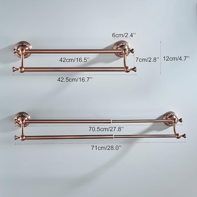 Red Copper Double Towel Bar, Adjustable 15.5 to 27.5 Inch Bath Towel Rack for Bathroom Towel Holder, Wall Mounted Black Bathroom Hardware Accessories,Pattern Carving Design