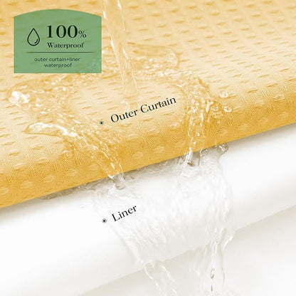 Gold Hook Free Waffle Shower Curtain & Snap-in Fabric Liner,72x99 | Less Time to install, 3 in 1 Fabric Shower Curtain and Liner Set with Magnets, Extra Long, Shower Curtains for Bathroom