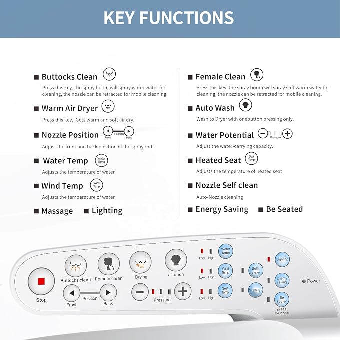 KERDE P30A Electric Bidet Toilet Seat - Smart Heated Seat with Auto-Flush, Side Panel Control for Existing Toilets, Quiet Close Lid & Warm Air Dryer Elongated