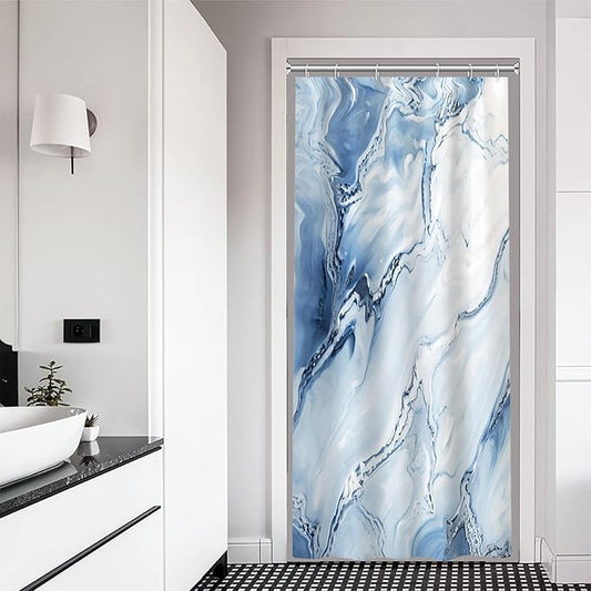 Stall Shower Curtain, Blue Marble Small Shower Curtain Modern Waterproof Narrow Shower Curtain Set with Hooks, 36x72 Inch