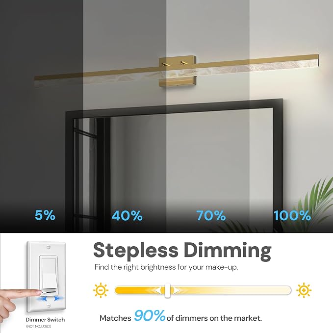 L LOHAS LED 48 Inch Gold Vanity Light Bar Over Mirror Marble Acrylic 3CCT | Modern LED Vanity Light With Marble Acrylic Shade, Adjustable Bathroom Mirror Lighting for Bedroom and Living Room