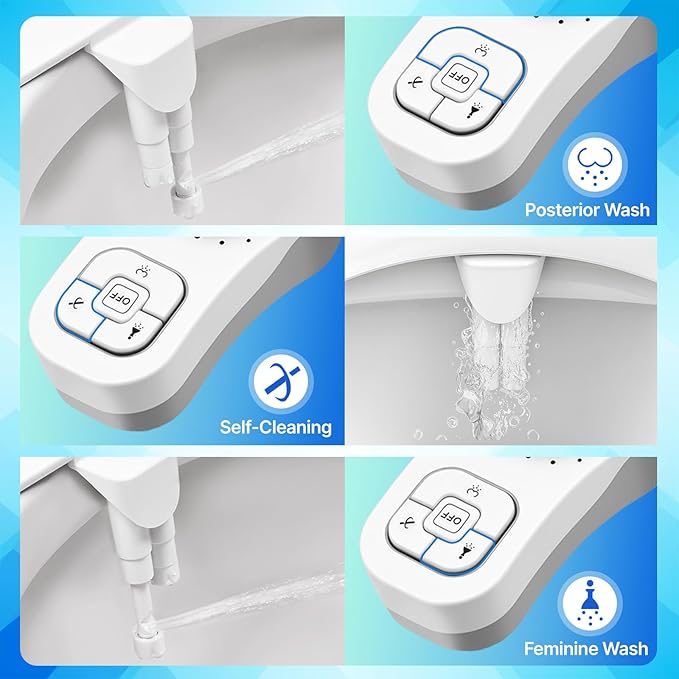 Bidet Attachment for Toilet,Hot and Cold Water Ultra-Thin Non-Electric Bidet, Dual Self-Cleaning Nozzles, Adjustable Water Pressure, Knob Control for Water Flow & On/Off, Fits Most Standard Toilets
