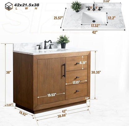 Vanity Art 42 inch Bathroom Vanity with Single Sink, Modern Wood Bath Vanity with Carrara Marble Top, Vanity Cabinet with Doors， Removable Shelf, Solid Wood Frame, Ceramic Sink, Tan, VA7042E