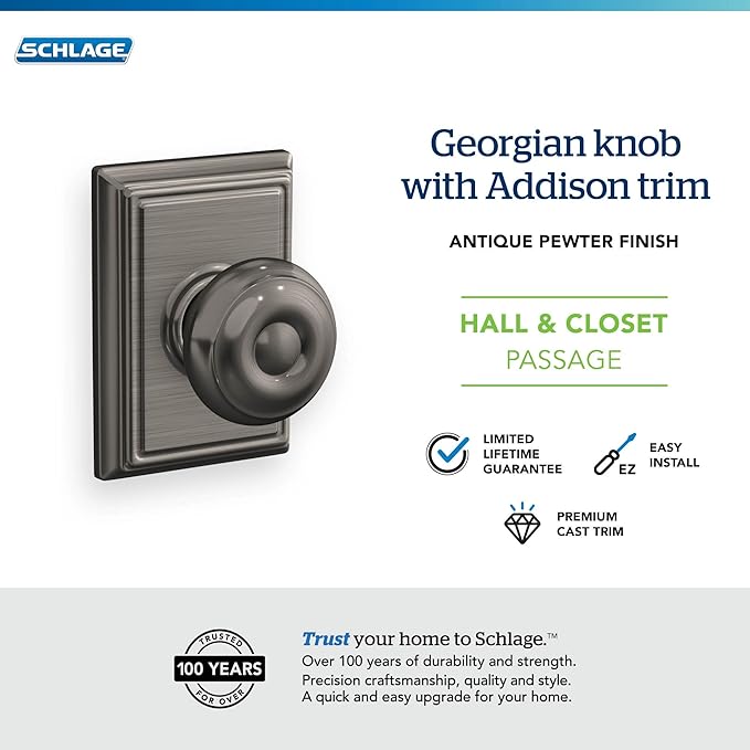 SCHLAGE F10GEO620ADD Addison Collection Georgian Passage Knob, Antique Pewter