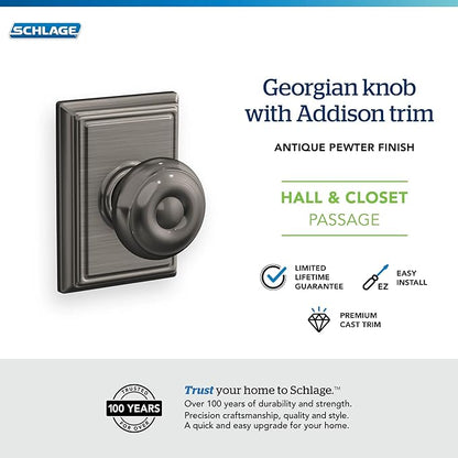 SCHLAGE F10GEO620ADD Addison Collection Georgian Passage Knob, Antique Pewter