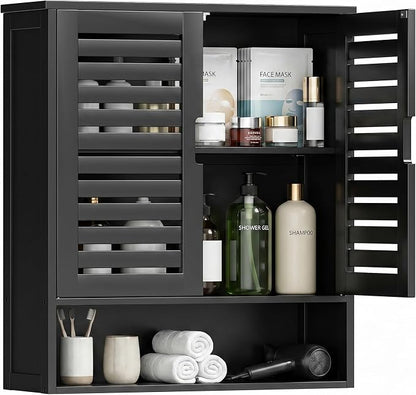 SMIBUY Bathroom Cabinet Wall Mounted, Bamboo Over-The-Toilet Storage Organizer, Space Saver Medicine Cabinet with 2 Door and Adjustable Shelves (Black)