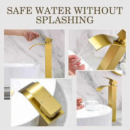 Gold Vessel Sink Facuet, Brushed Gold Tall Bathroom Sink Faucet Waterfall Bathroom Faucet for Vessel Sinks Single Handle Bathroom Vanity Faucet