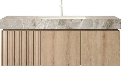 KEIKI 48 Inch Floating Bathroom Vanity with Sink, Modern Wall Mounted Storage Cabinet with Drawer, Pre-Assembled Waterproof Wood Panels, Sintered Stone Top & Ceramic Basin Combo Set, White Oak & Grey