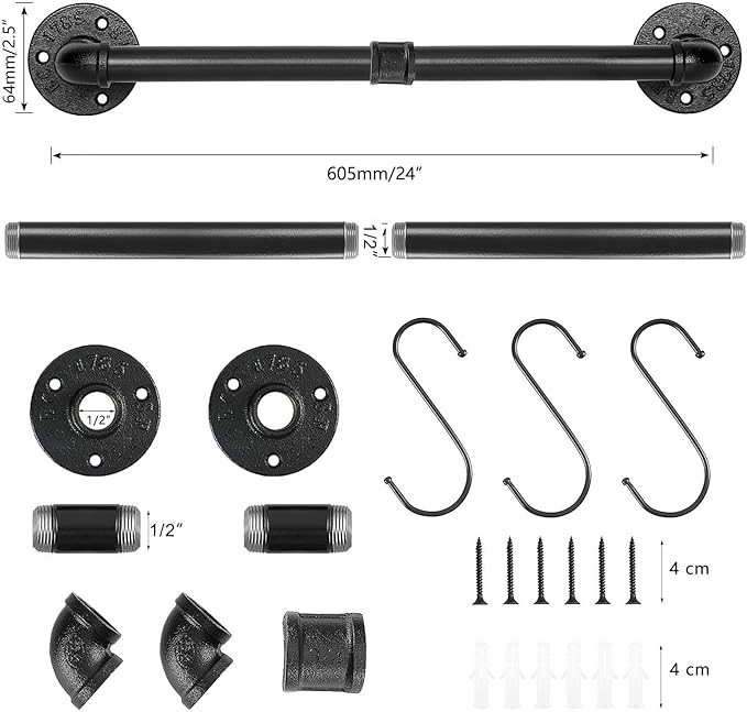 Industrial Pipe Towel Rack Towel Bar, Heavy Duty Wall Mounted Rustic Farmhouse Bath Towel Holder for Bathroom (Black, 24 inch)