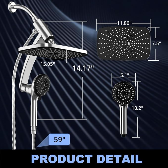 12 Inch High Pressure Rainfall Shower Head Combo,9 Settings Handheld Shower | Height/Angle Adjustable, 3 Spray Modes, Anti-leak, Built-in Magnetic Docking,Washing Jets,Holder, 59" Shower Hose, 1.75GPM