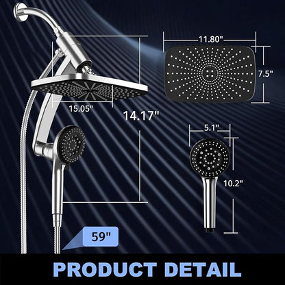 12 Inch High Pressure Rainfall Shower Head Combo,9 Settings Handheld Shower | Height/Angle Adjustable, 3 Spray Modes, Anti-leak, Built-in Magnetic Docking,Washing Jets,Holder, 59" Shower Hose, 1.75GPM