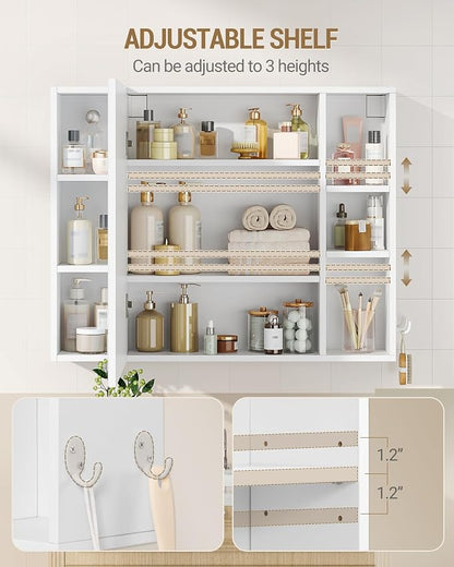Hzuaneri Bathroom Cabinet with Mirror, Wall Cabinet with Storage Space | Wall Mounted with Reversible Install Storage Space,6 Open Compartments,3 Hidden Storage Shelves,Hooks,6.5"Dx25.6"Wx 31.5"H