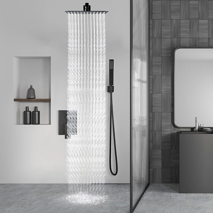 Aolemi Shower Faucet Set Rain Shower System with Handheld Spray Bathroom Shower Combo Rough-in Valve and Shower Trim Kit Included Matte Black 12 Inch Wall Mount Shower Head