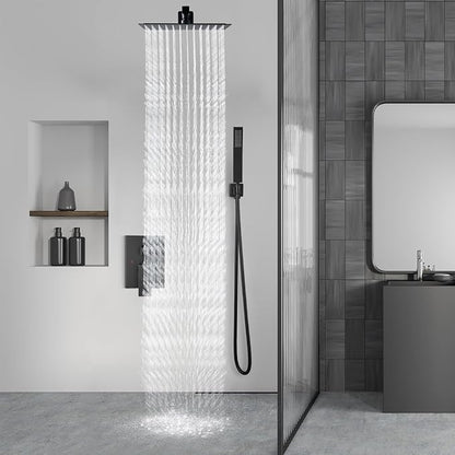 Aolemi Shower Faucet Set Rain Shower System with Handheld Spray Bathroom Shower Combo Rough-in Valve and Shower Trim Kit Included Matte Black 10 Inch Wall Mount Shower Head