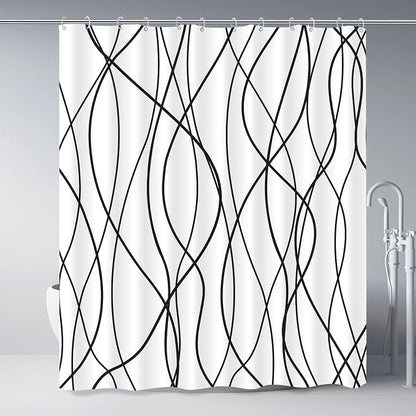 Striped Shower Curtain for Bathroom, White Black, 72" W x 72" L | with Hooks, Modern Hotel Style, Water Repellent, Washable, Weighted Hem