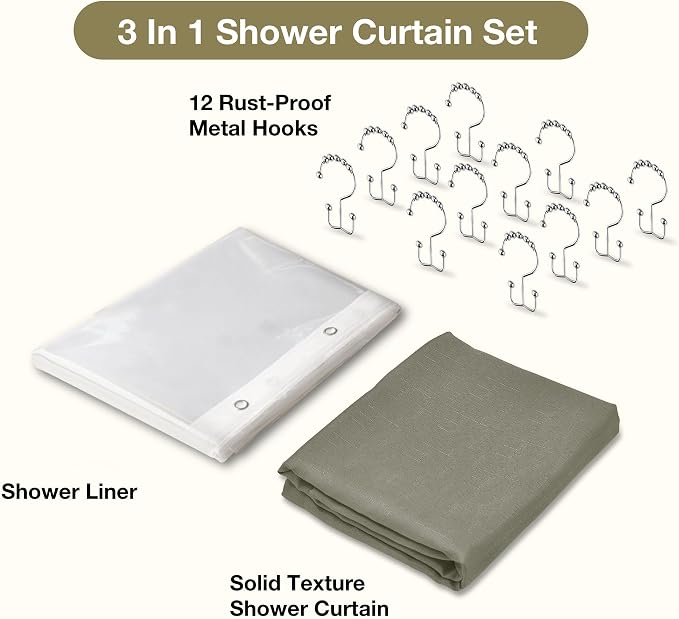 3 in 1 Shower Curtain Set, Khaki Shower Curtain and Liner Set with 12 Double Sided Shower Curtain Hooks, Cloth Shower Curtains for Bathroom,Waterproof, 72" W*72" H