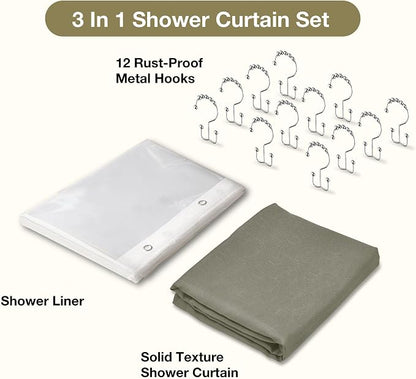3 in 1 Shower Curtain Set, Khaki Shower Curtain and Liner Set with 12 Double Sided Shower Curtain Hooks, Cloth Shower Curtains for Bathroom,Waterproof, 72" W*72" H
