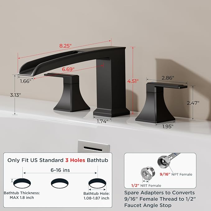 FORIOUS Roman Bathtub Faucet 3 Hole Deck Mount with 2 Handle Matte Black | Tub Faucet for 3-Hole Set, 6-12" Centered Distance, Widespread Garden Bath Tub, Waterfall Spout, High Flow, Brass